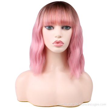 Wholesale Machine Made Water Wave Pink Wig With Bangs Cheap Cosplay Pixie Curls Short Bob Synthetic Hair Wigs With Highlights